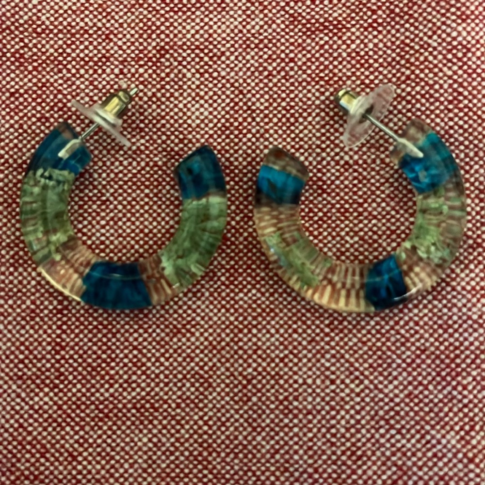 Resin earrings, vintage, from the 1980s, blue and green